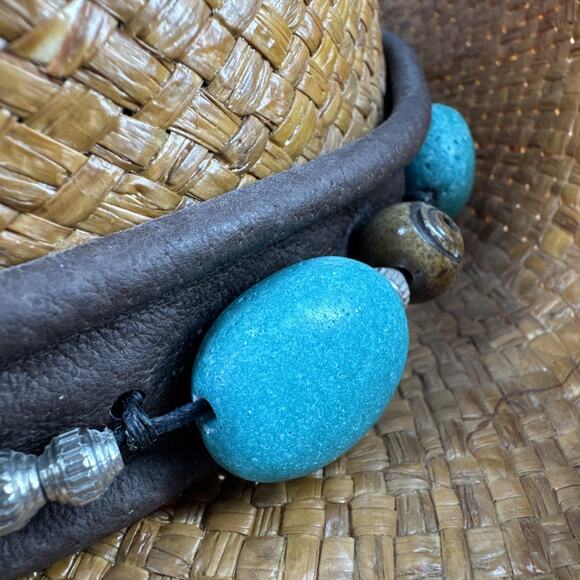 Shady Brady Straw Hat Medium Western USA Brown Band Turquoise/Stone Details - Picture 5 of 15